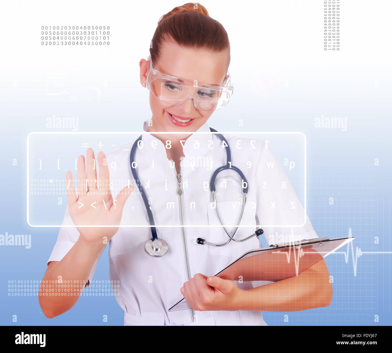 Young nurse in white uniform, transparent glasses and a stethoscope