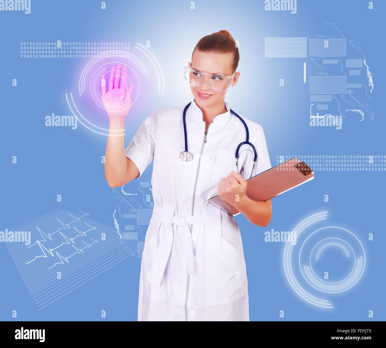 Young doctor in white uniform, transparent glasses and a stethoscope