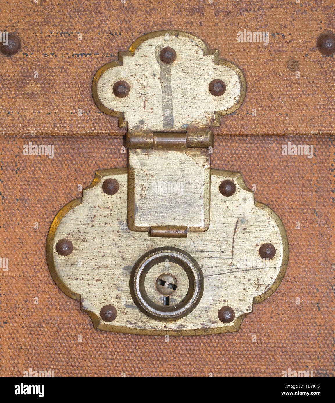 Old canvas trunk lock close up, vintage Stock Photo