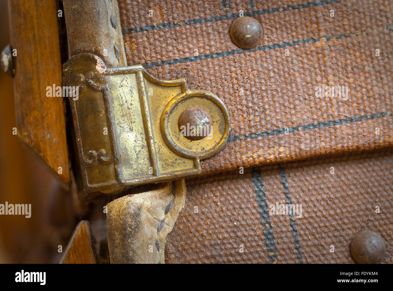Old canvas trunk detail close up, vintage Stock Photo