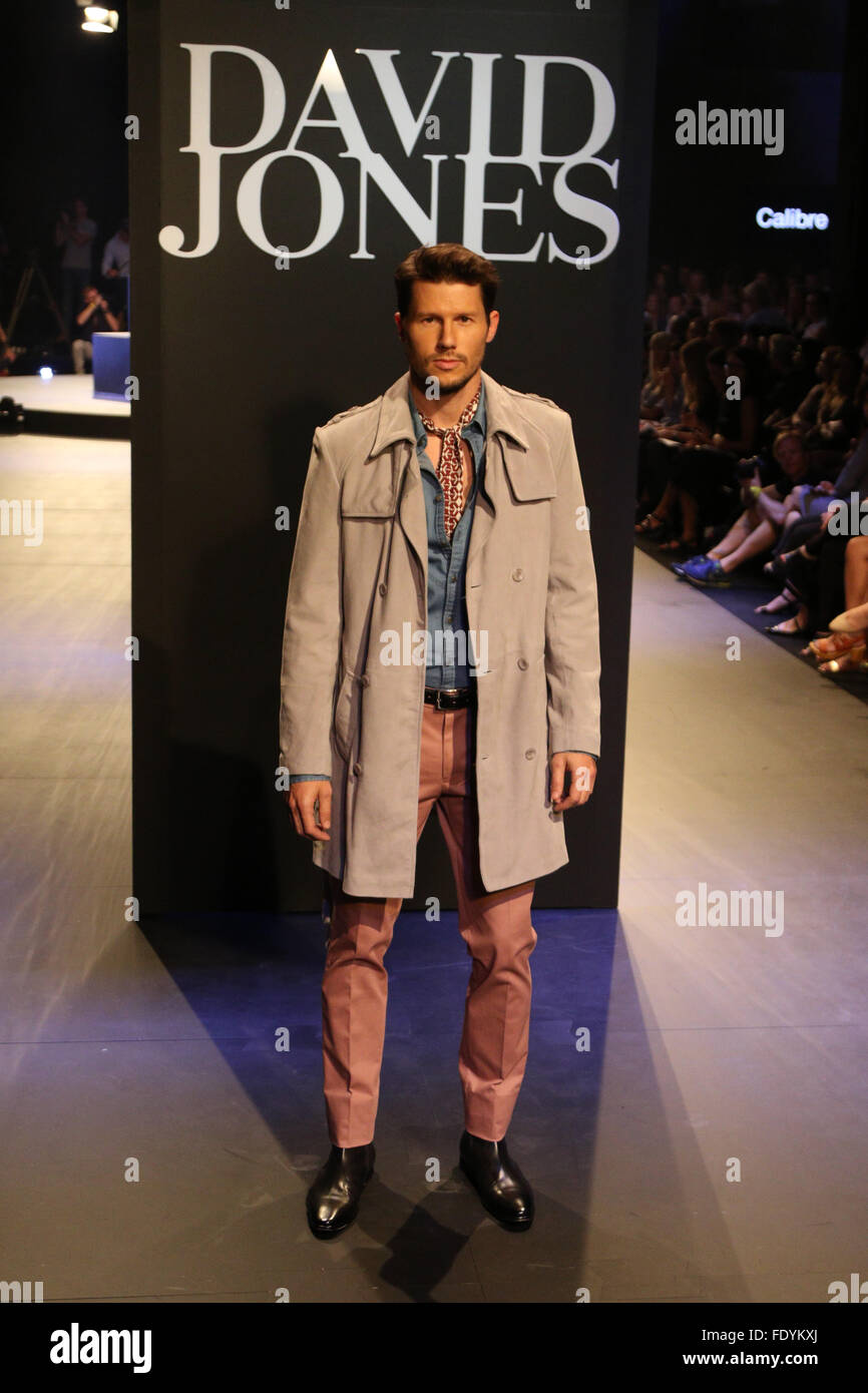 Sydney, Australia. 3 February 2016. Model Jason Dundas showcases fashions during a rehearsal ahead of the David Jones Autumn/Winter 2016 Collection Launch with the Sydney Dance Company at David Jones Elizabeth Street Store. Credit: Richard Milnes/Alamy Live News Stock Photo