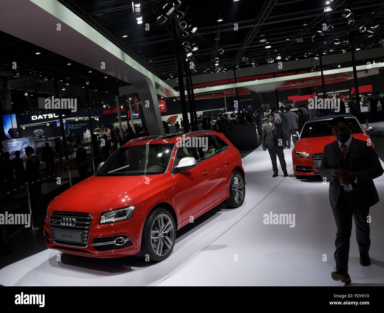 New Delhi. 3rd Feb, 2016. Photo taken on Feb. 3, 2016 shows the exhibition stand of German auto giant Audi on the first media day of 2016 Auto Expo in Greater Noida, Delhi NCR, India. The biennial expo kicked off toward media Wednesday and will be open to the public on Friday. Around 80 new vehicles are expected to be debuted during this exhibition. © Bi Xiaoyang/Xinhua/Alamy Live News Stock Photo