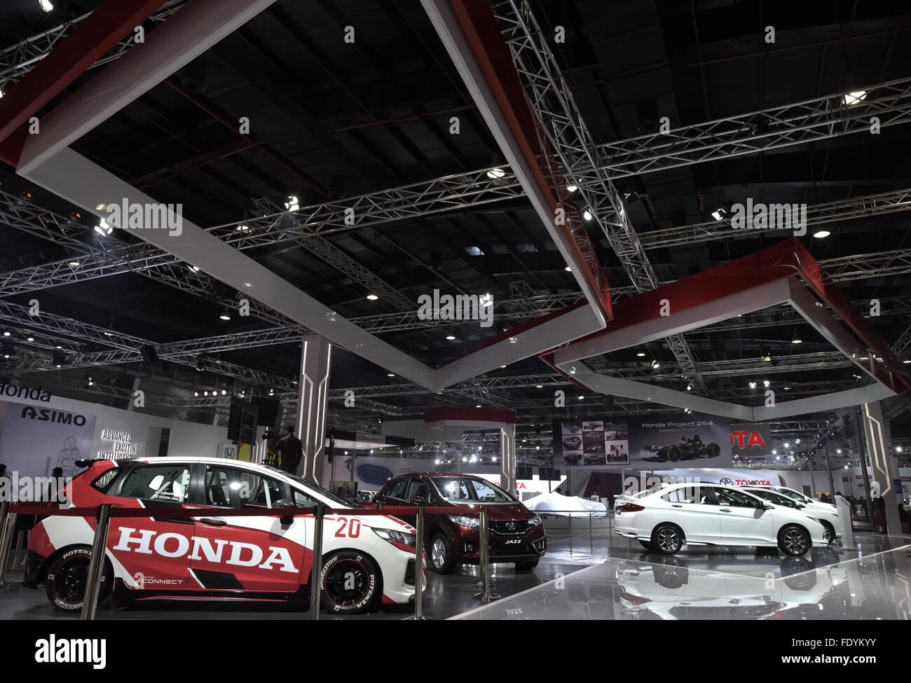 New Delhi. 3rd Feb, 2016. Photo taken on Feb. 3, 2016 shows the exhibition pavilion on the first media day of 2016 Auto Expo in Greater Noida, Delhi NCR, India. The biennial expo kicked off toward media Wednesday and will be open to the public on Friday. Around 80 new vehicles are expected to be debuted during this exhibition. © Bi Xiaoyang/Xinhua/Alamy Live News Stock Photo