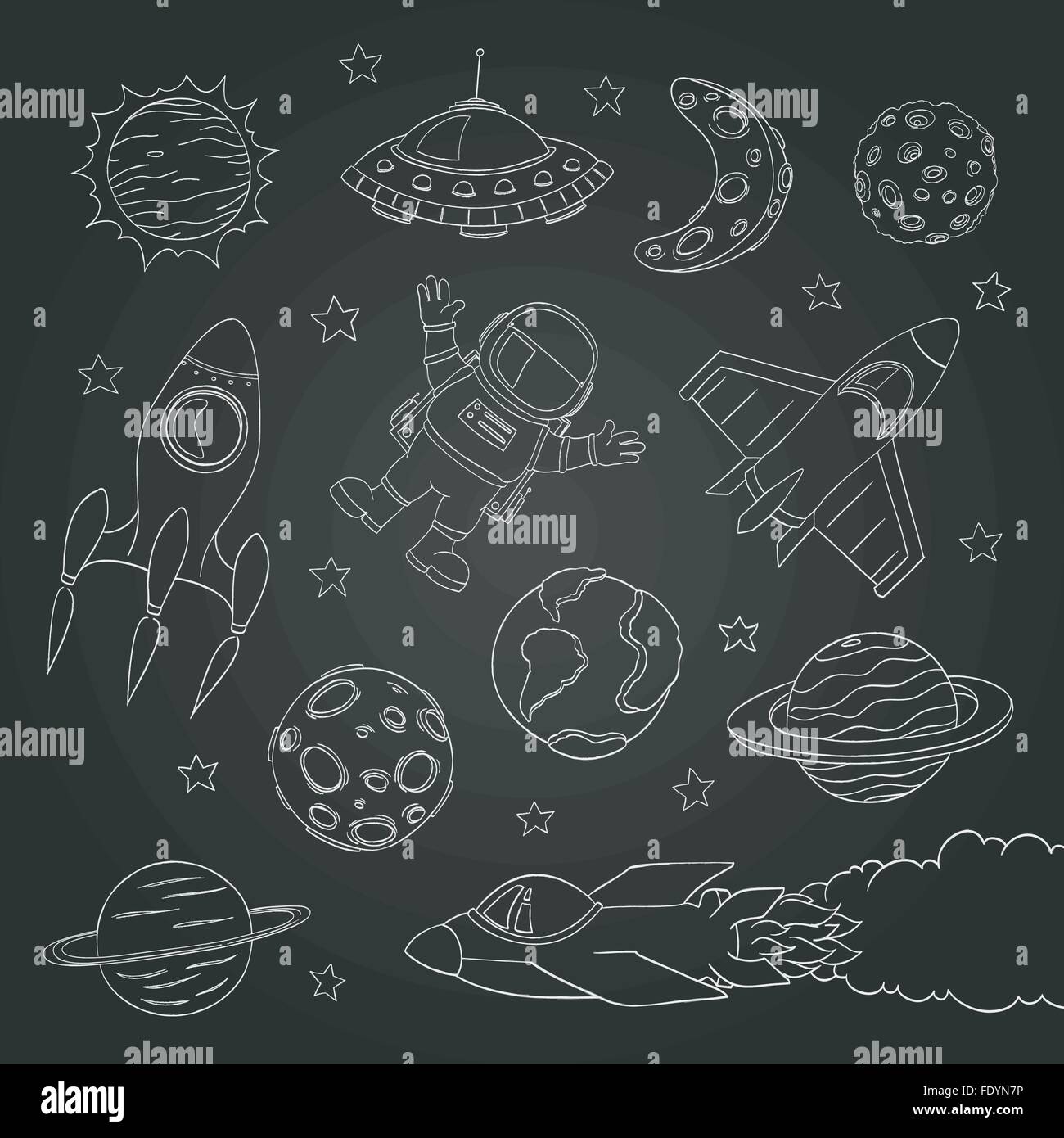 Set Of Cute Outer Space Elements Astronaut Planets Rockets