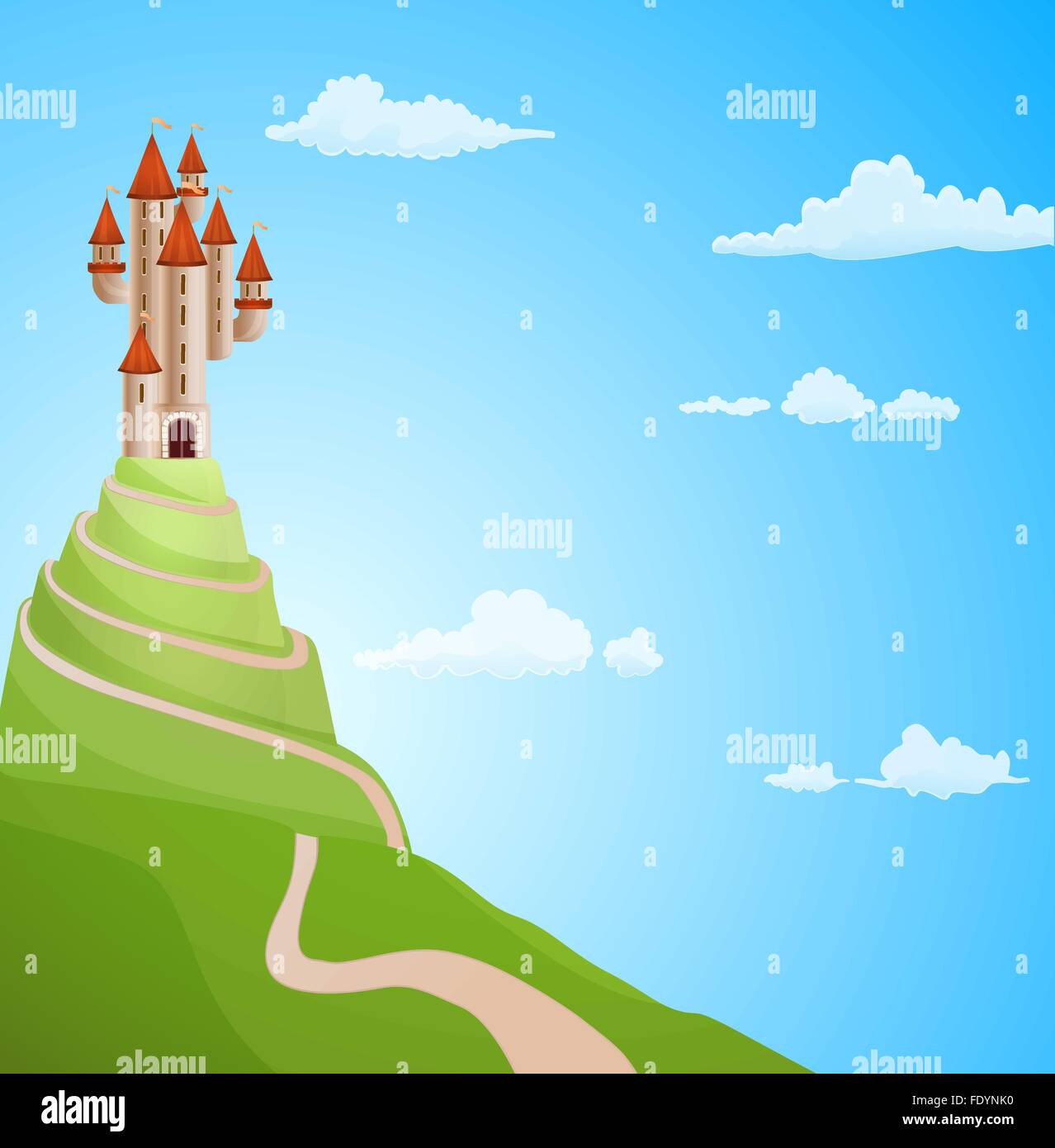 castle on the hill with road background illustration. vector Stock Vector