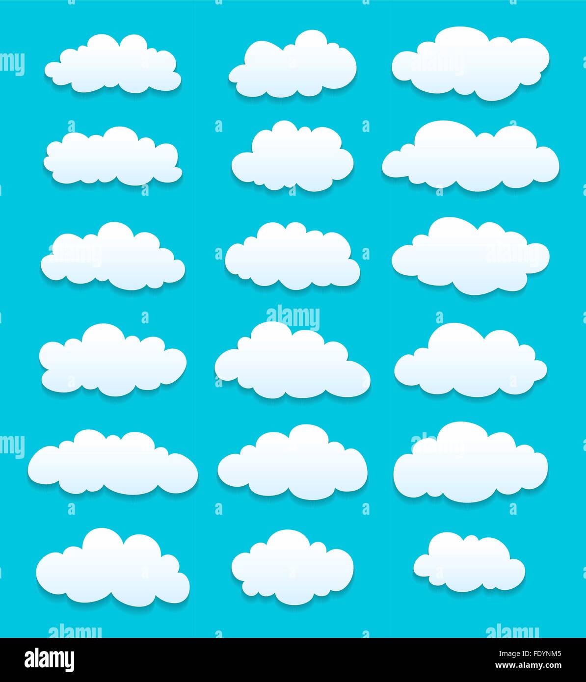 set of cute cartoon white clouds with shadows. vector Stock Vector