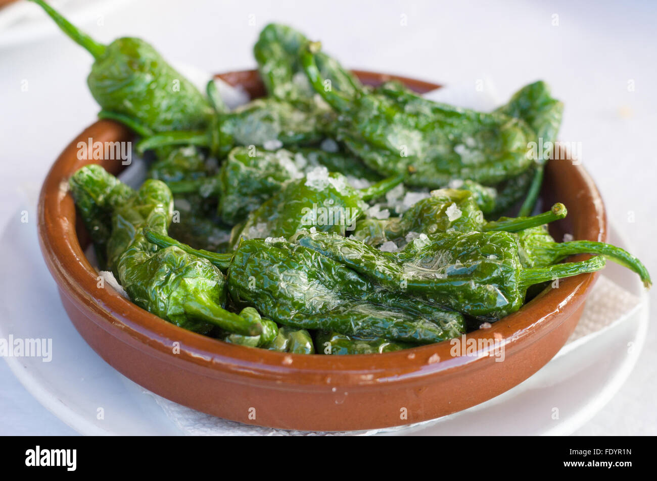 Fried green peppers Padron with olive oil and sea salt. Traditional