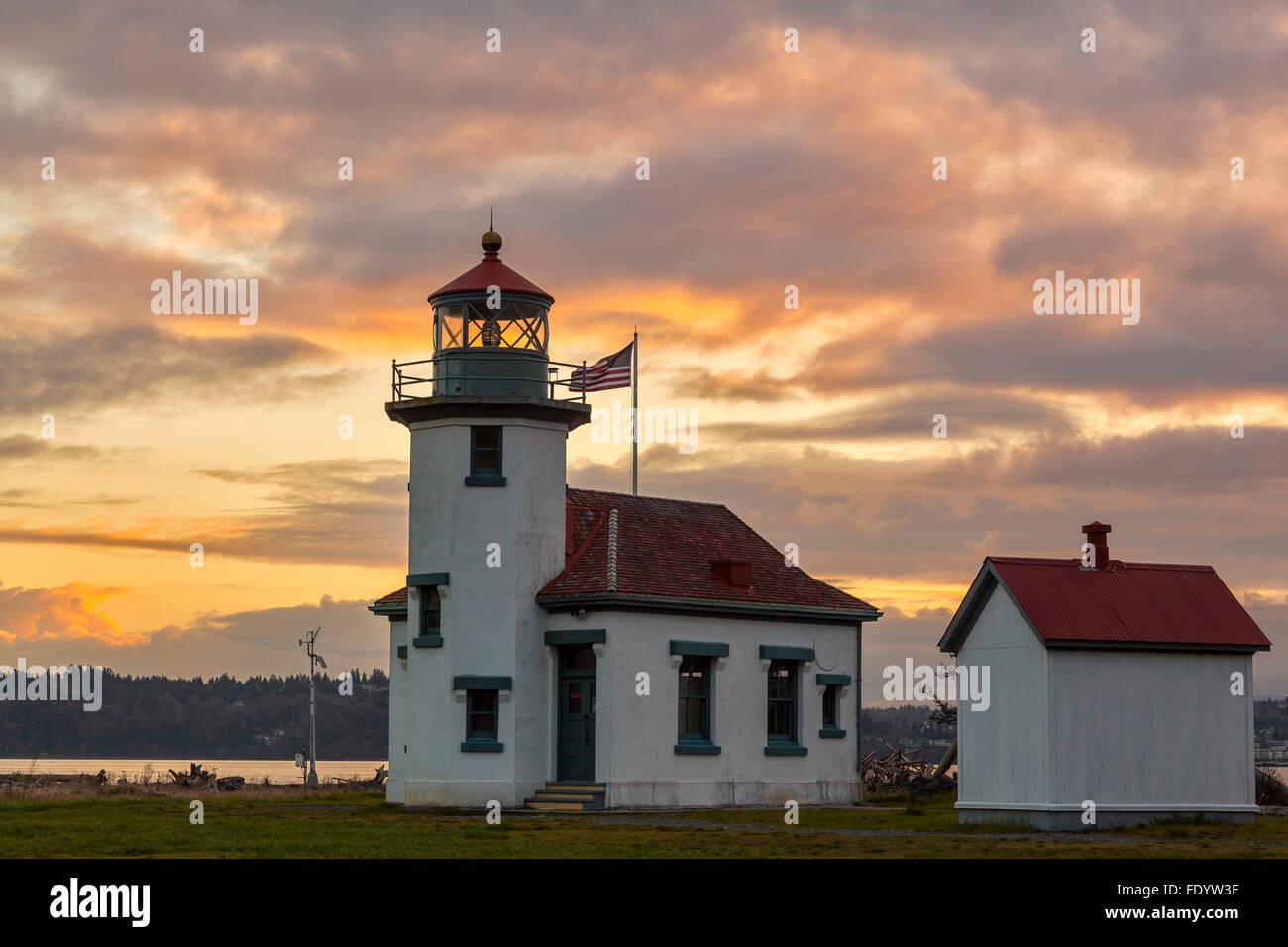 VashonMaury Island, WA Point Robinson Lighthouse at sunrise Stock