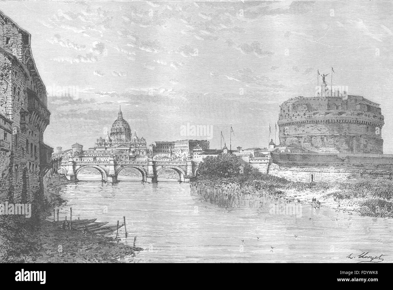 ROME: Mole Adrian, Tiber Ripetta, Sant'Angelo, antique print 1872 Stock Photo