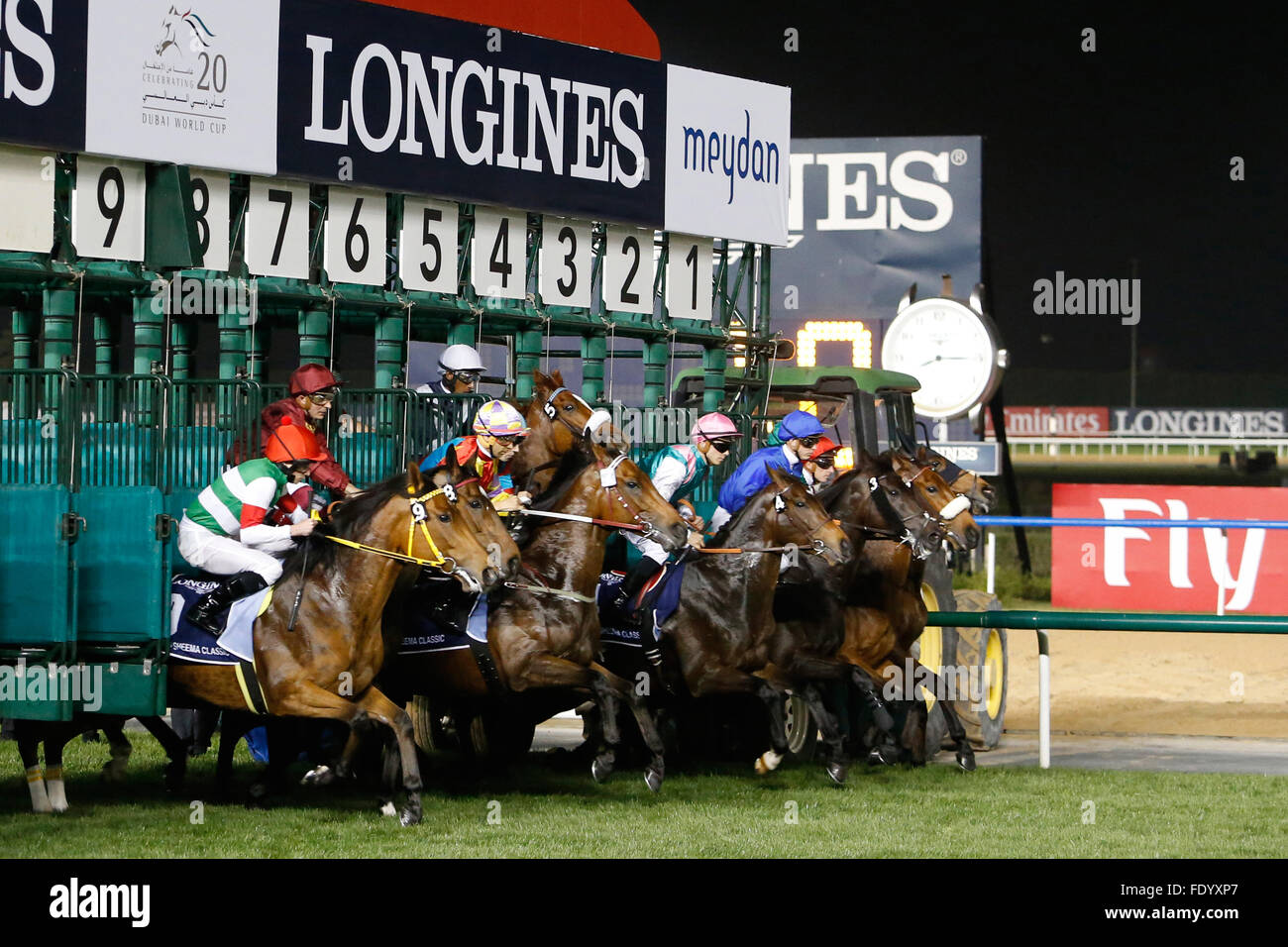 Dubai, United Arab Emirates, horses and jockeys at the start to a horse race Stock Photo