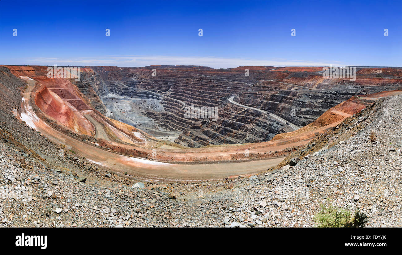 panorama of super fit gold mine in Kalgoorlie of Western australia with wide open pit underneath Stock Photo