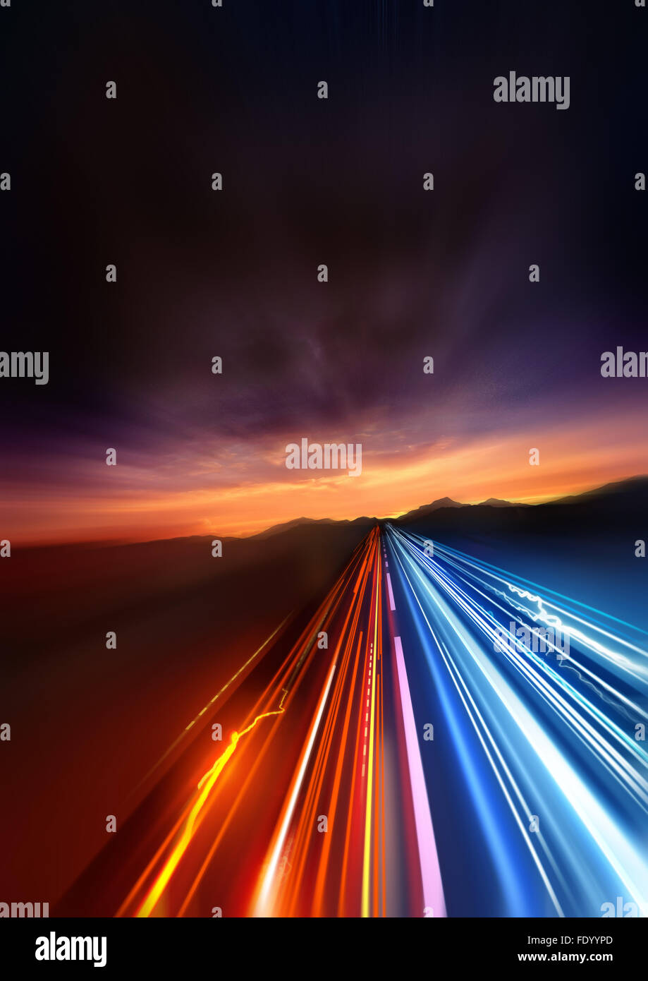 Super Fast. fast Light trails speeding into the distant landscape. Stock Photo