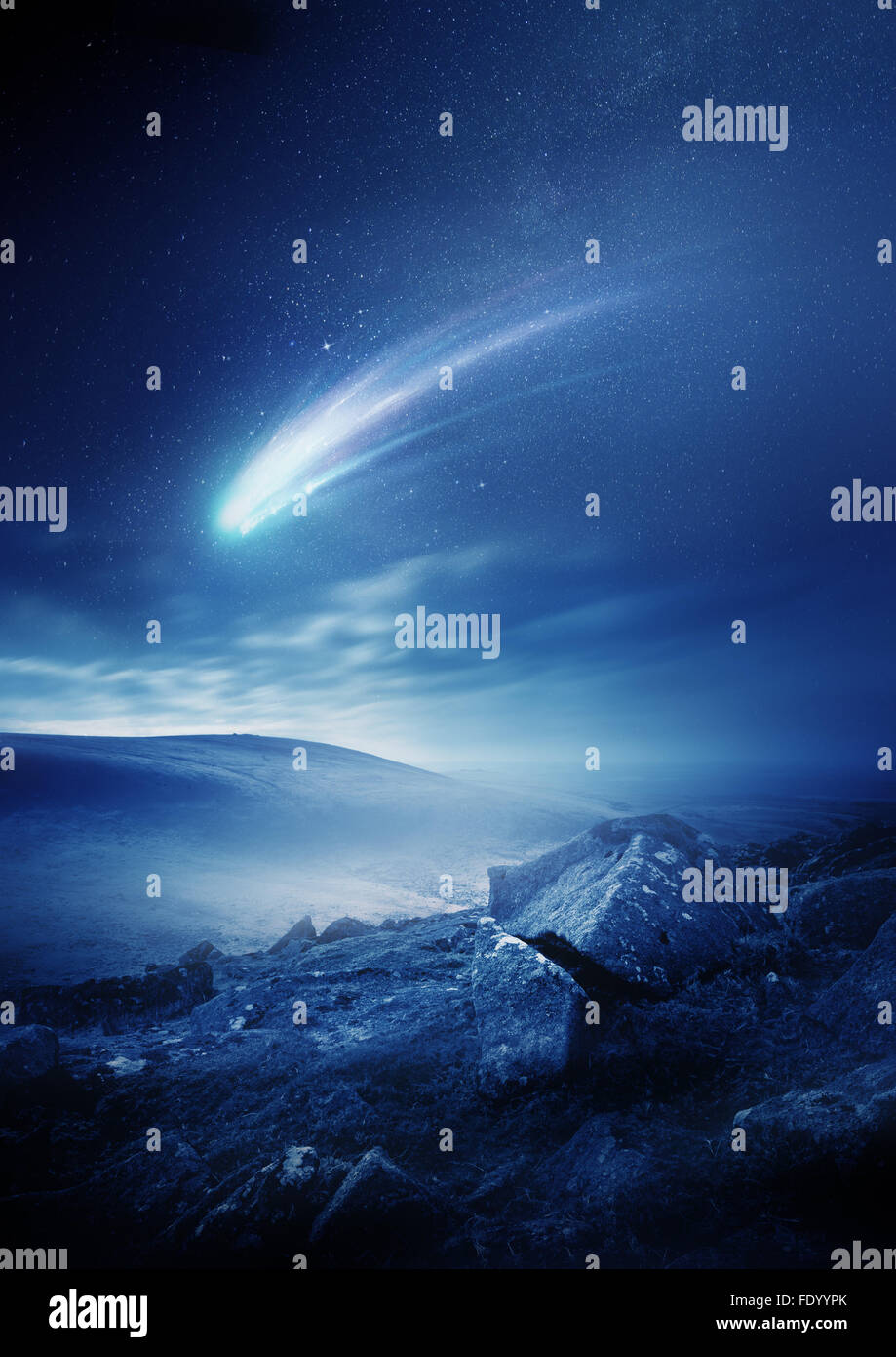 A bright comet with large dust and gas trails as it gets close to the Sun on a misty evening. Illustration. Stock Photo