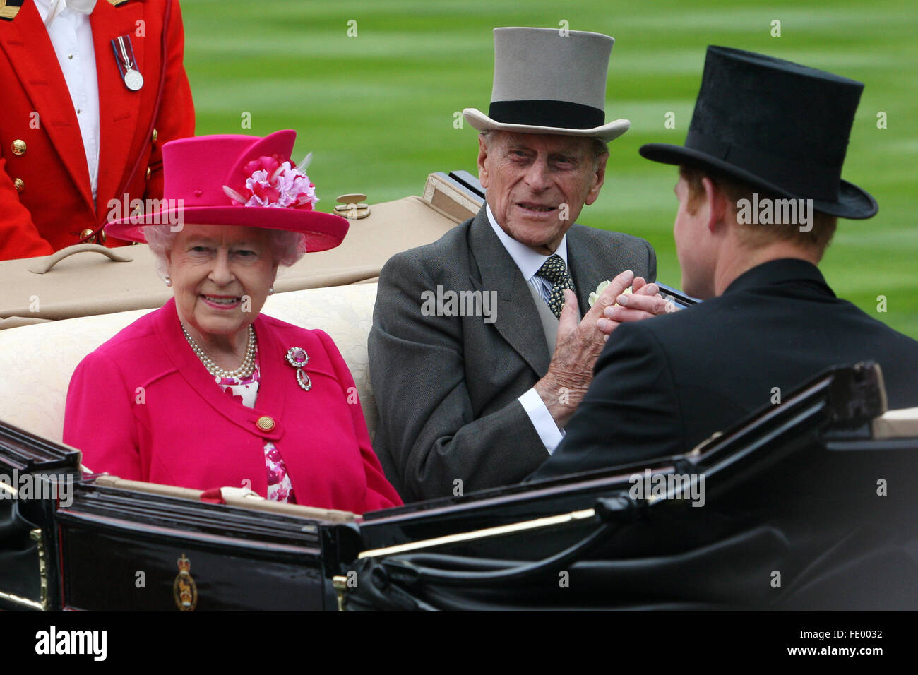 Ascot, United Kingdom, Queen Elizabeth II and her husband Prince Philip sitting in a carriage Stock Photo