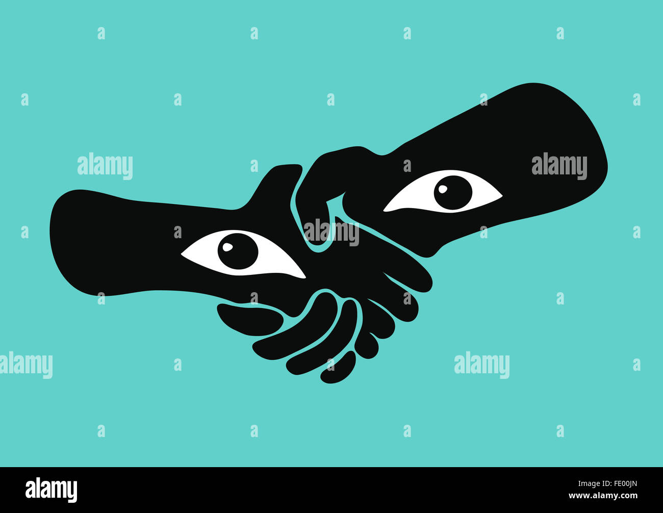 Handshake with eyes in the wrists, watching the viewer. Stock Photo