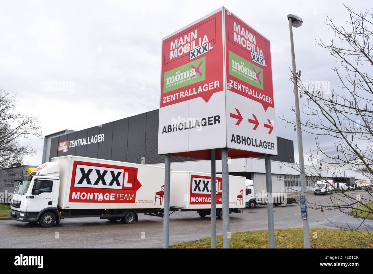 A truck leaves the central warehouse of the furniture store 'Mann Mobilia' in Mannheim, Germany, 03 February 2016. Employees at one of the Mann Mobilia furniture stores are protesting against their sudden