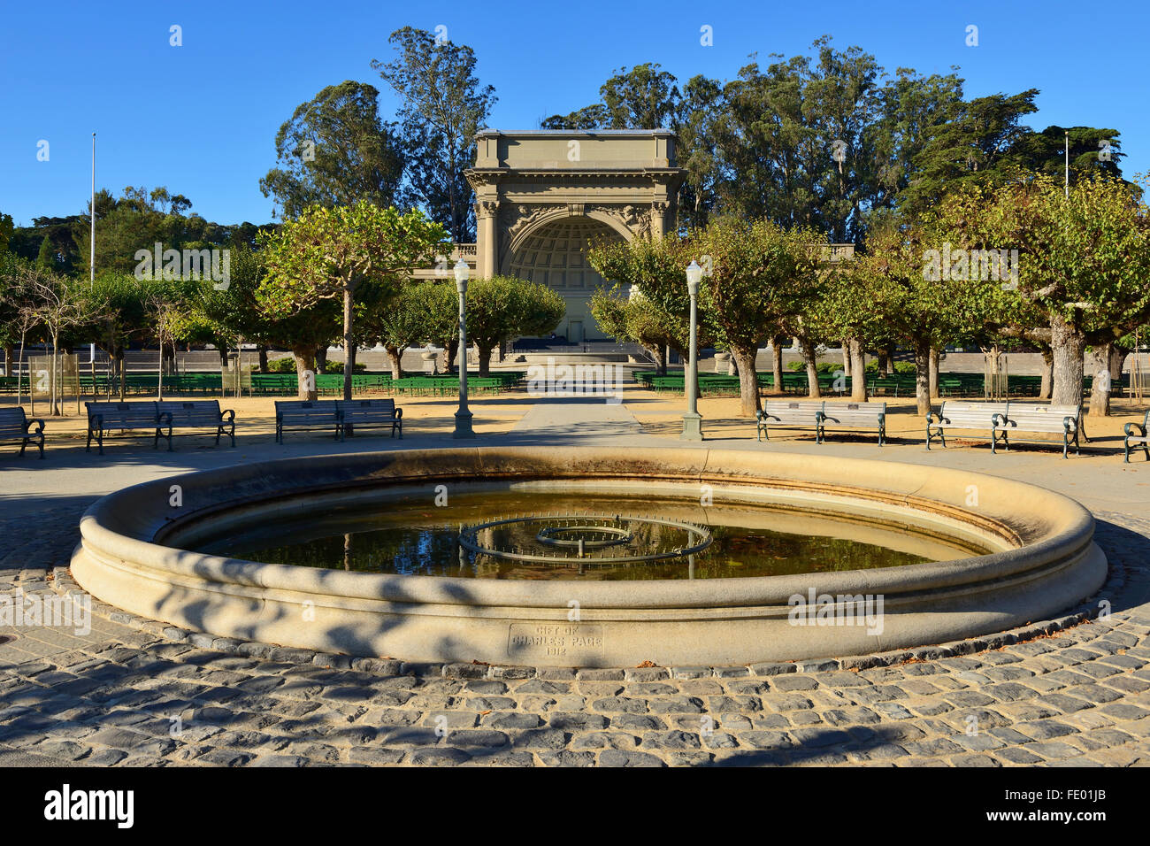 Fountain and bandstand in Music Concourse, Golden Gate Park, San Francisco, California, USA Stock Photo