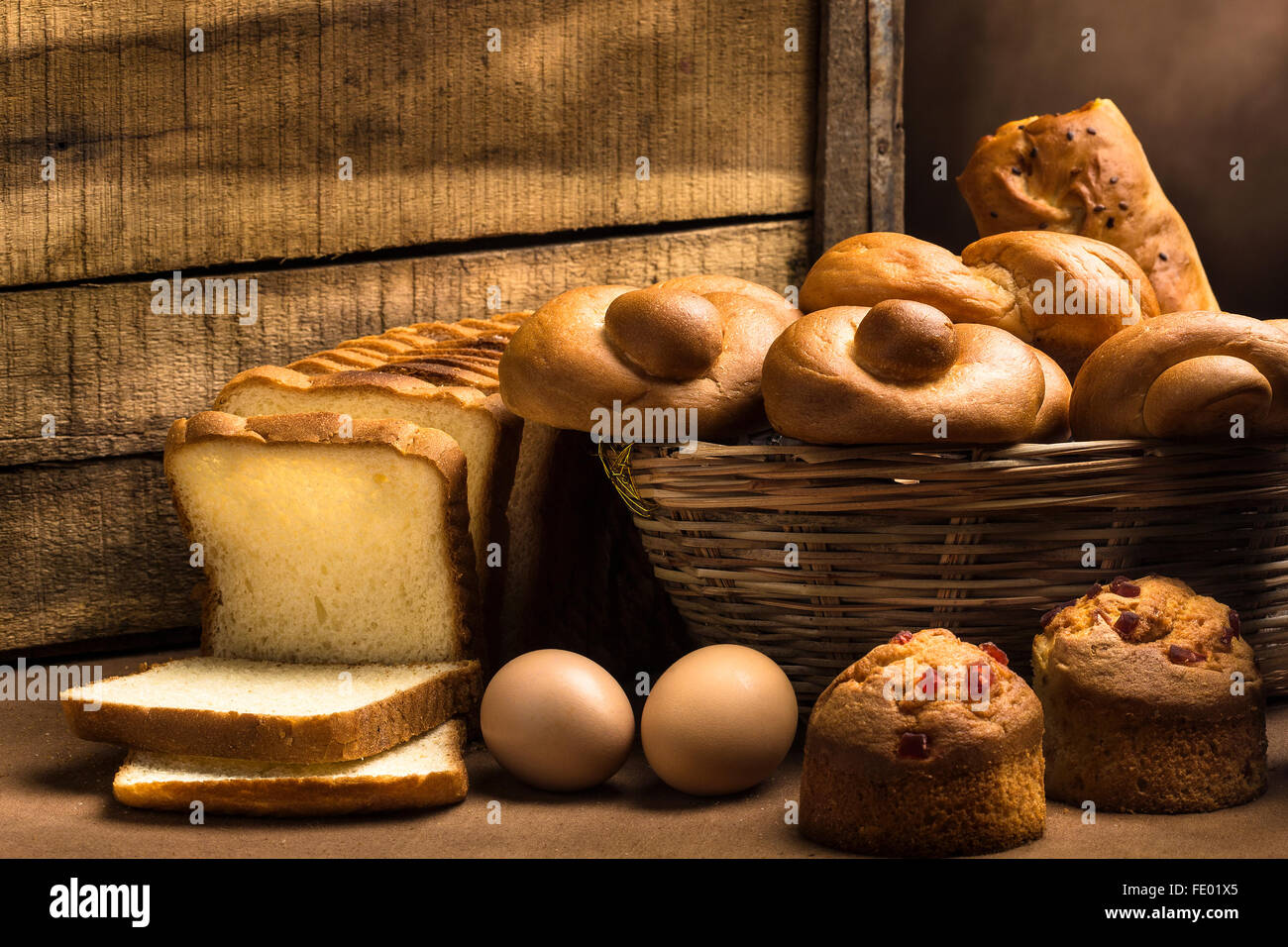 Food and drinks, bakery food, bread and buns, soft cakes, egg and bread, fresh bakery food in