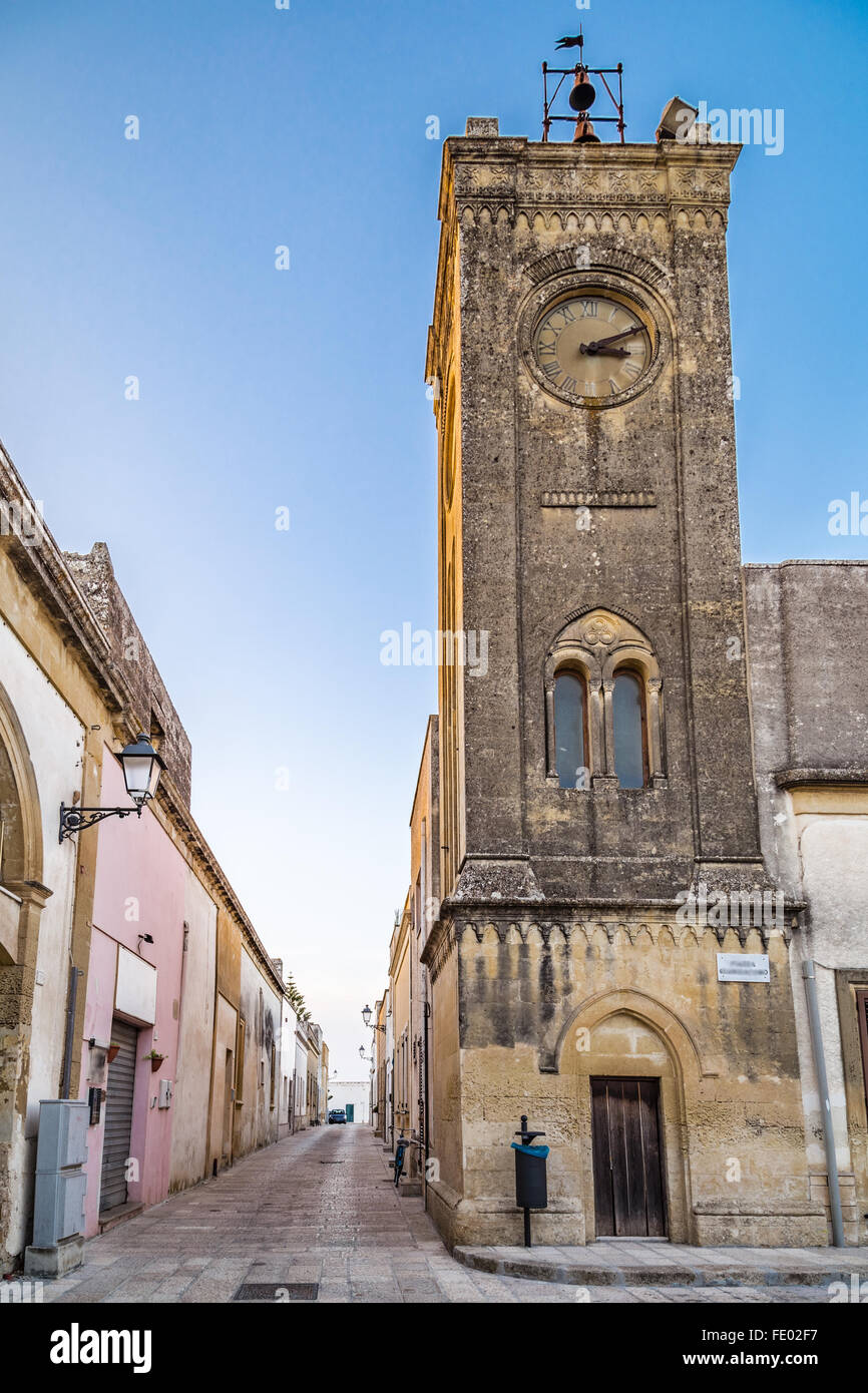 streets and walls of small fortified citadel of XVI century in Italy, clock tower Stock Photo