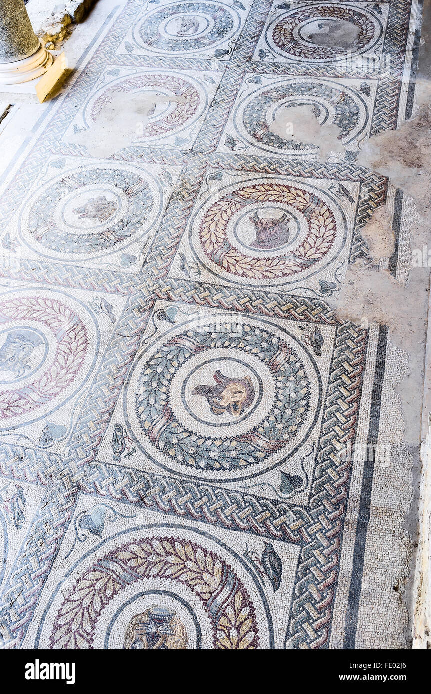 Roman mosaics of zodiac signs on floor of Villa Romana del Casale, Piazza Armerina, Sicily, Italy Stock Photo