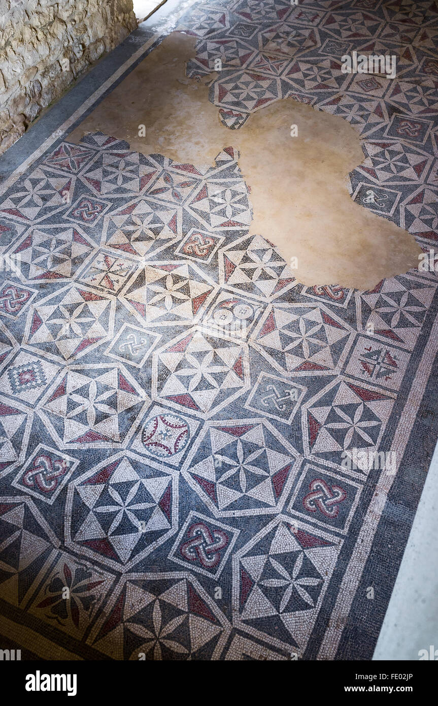 Patterned Roman mosaics on floor of Villa Romana del Casale, Piazza Armerina, Sicily, Italy Stock Photo