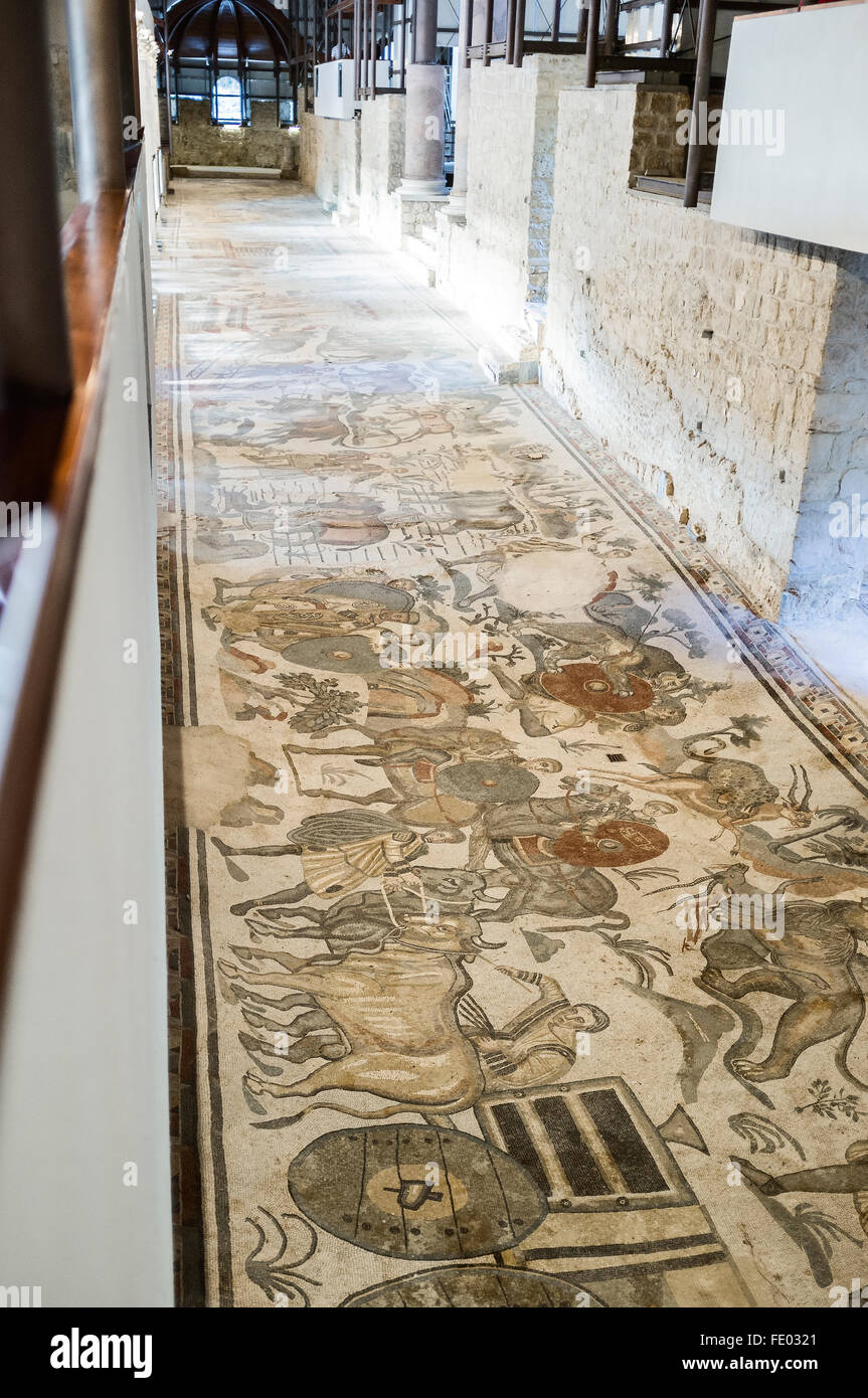 Roman mosaics in hallway corridor of Villa Romana del Casale, Piazza Armerina, Sicily, Italy Stock Photo