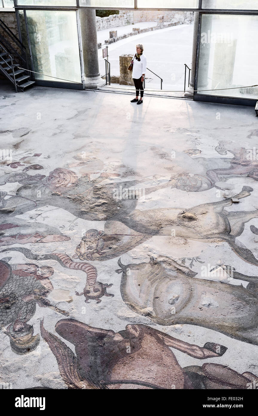 Woman stands with Roman mosaic flooring in Villa Romana del Casale, Piazza Armerina, Sicily, Italy Stock Photo