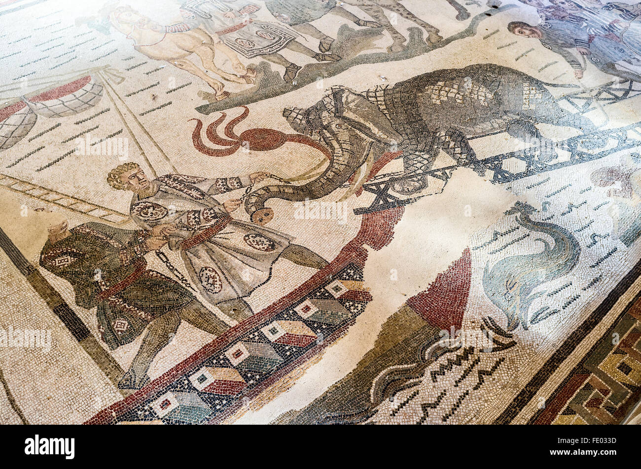 Roman mosaic showing elephant transportation in Villa Romana del Casale, Piazza Armerina, Sicily, Italy Stock Photo