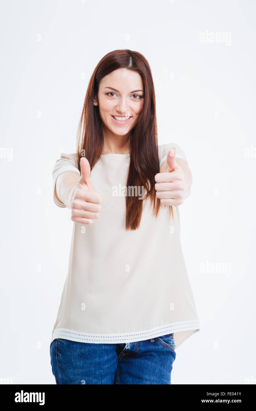 Happy woman showing thumbs up isolated on a white background Stock ...