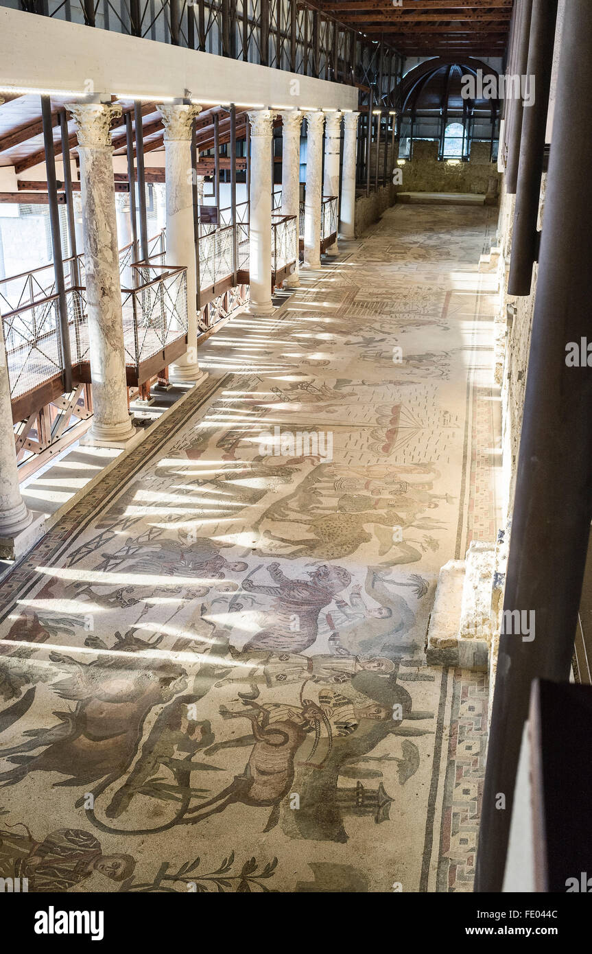 Roman mosaic and corridor hallway in Villa Romana del Casale, Piazza Armerina Stock Photo