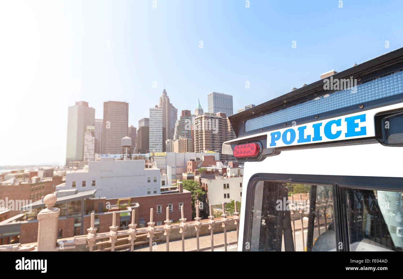 Close up picture of police vehicle lights in Manhattan, New York City, USA. Stock Photo