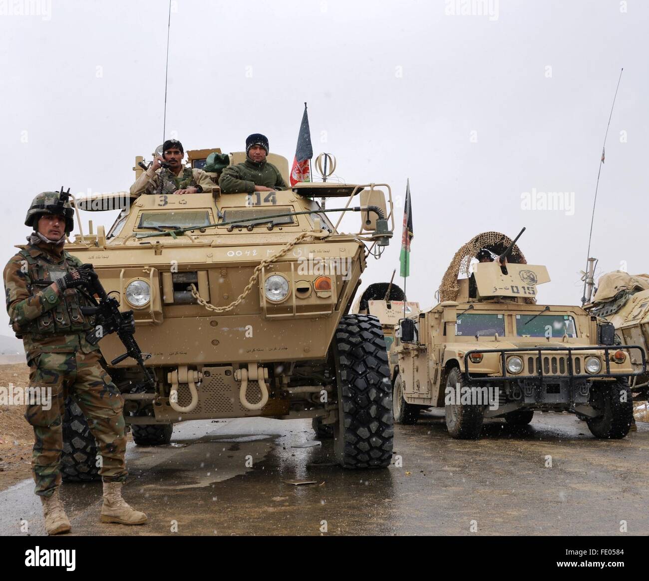 (160203) -- GHAZNI, Feb. 3, 2016 (Xinhua) -- Afghan security force members stand guard during a military operation in Ghazni Province, Afghanistan, Feb. 2, 2016. The Afghan National Security Forces (ANSF) have killed 27 suspected Taliban insurgents across the country within the last 24 hours, the country's defense ministry said on Wednesday afternoon. (Xinhua/Sayed Mominzadah)(azp) Stock Photo