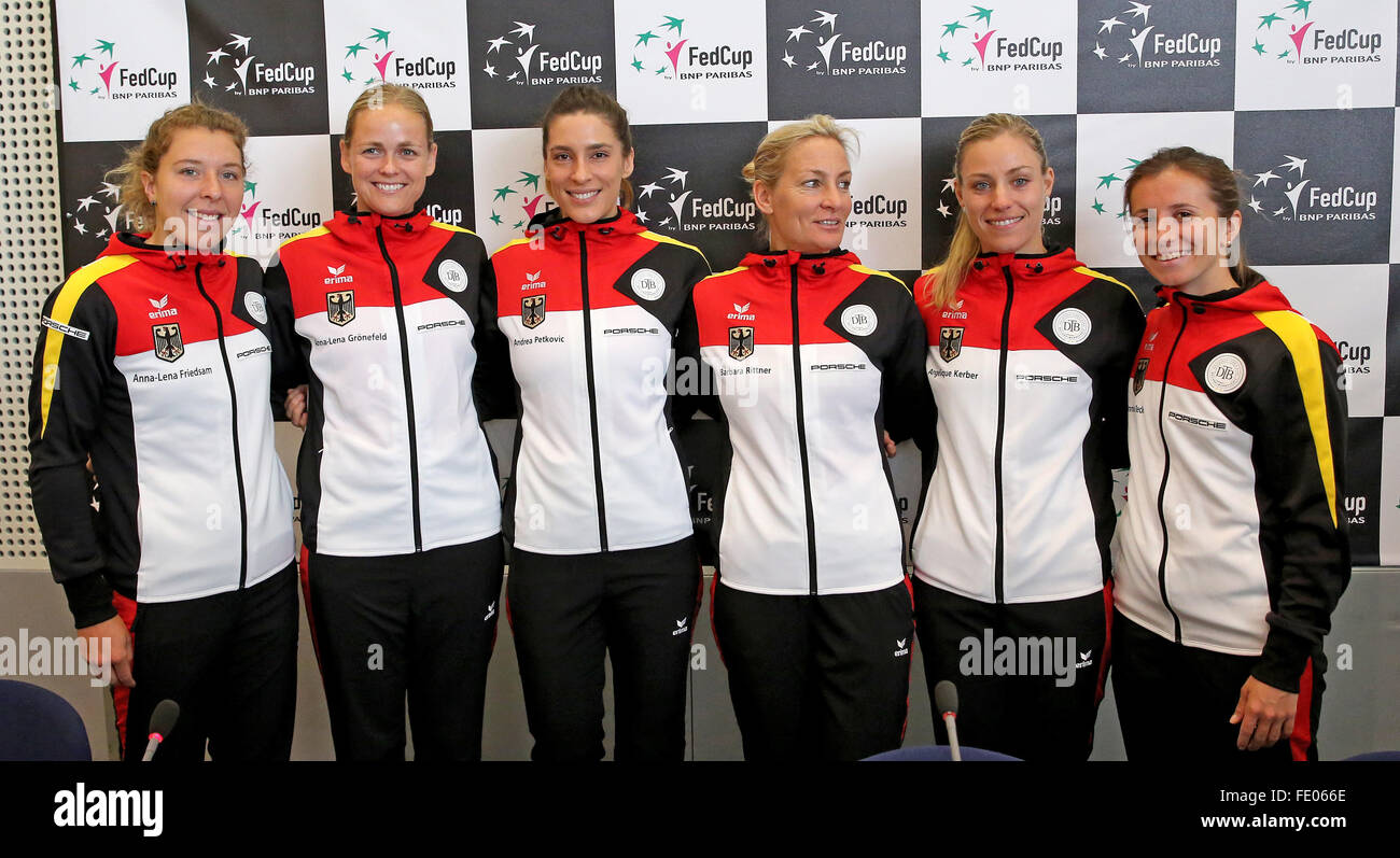 Leipzig, Germany. 03rd Feb, 2016. German tennis players Anna-Lena Friedsam (L-R), Anna-Lena Groenefeld, Andrea Petkovic, Barbara Rittner, captain of the German Tennis Federation team at the Fed Cup, Angelique Kerber and Annika Beck pose after a press conference ahead of the Fed Cup quarter finals match between Germany and Switzerland in Leipzig, Germany, 03 February 2016. Photo: JAN WOITAS/dpa/Alamy Live News Stock Photo