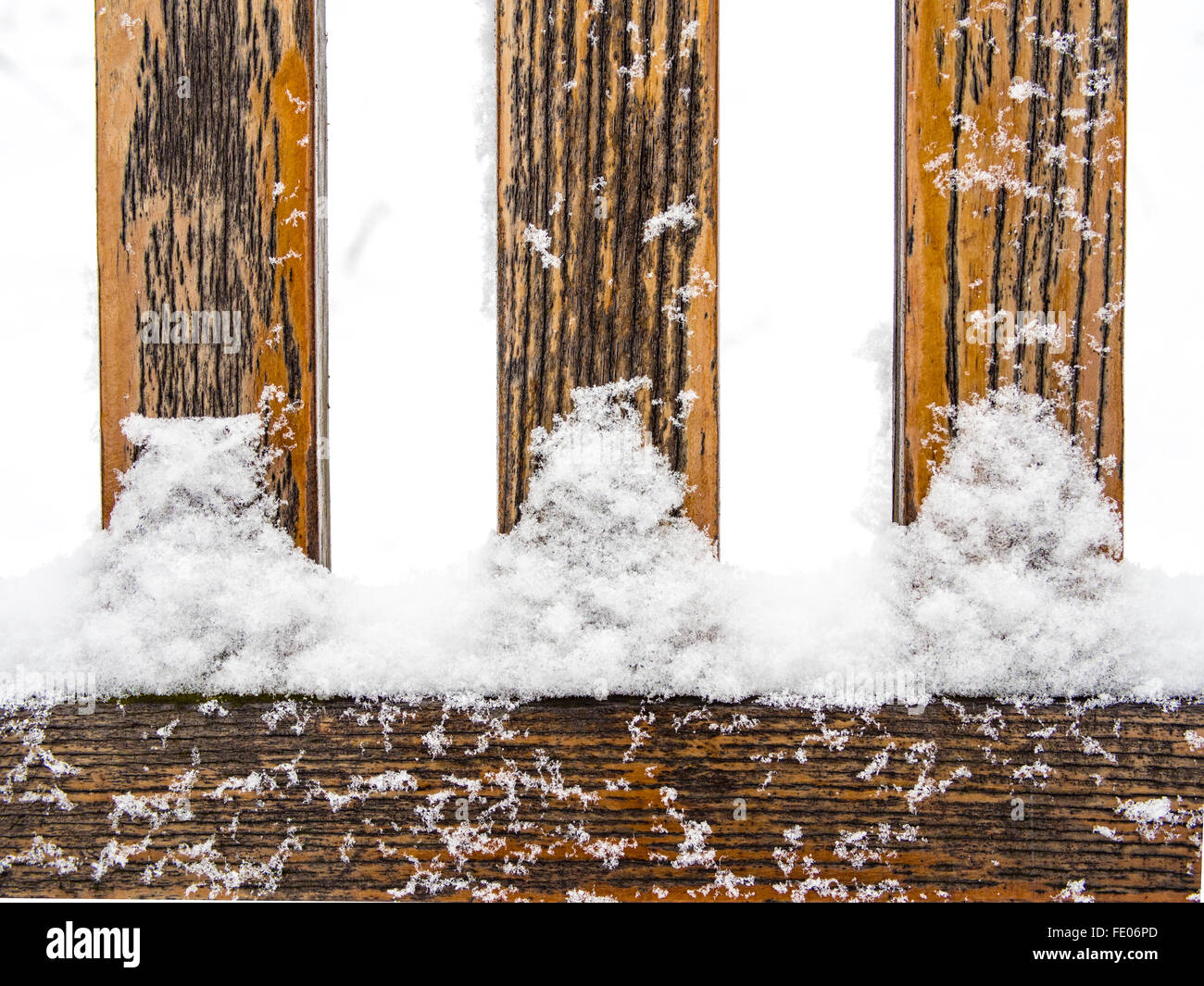 Three wooden rungs or spokes covered with snow Stock Photo