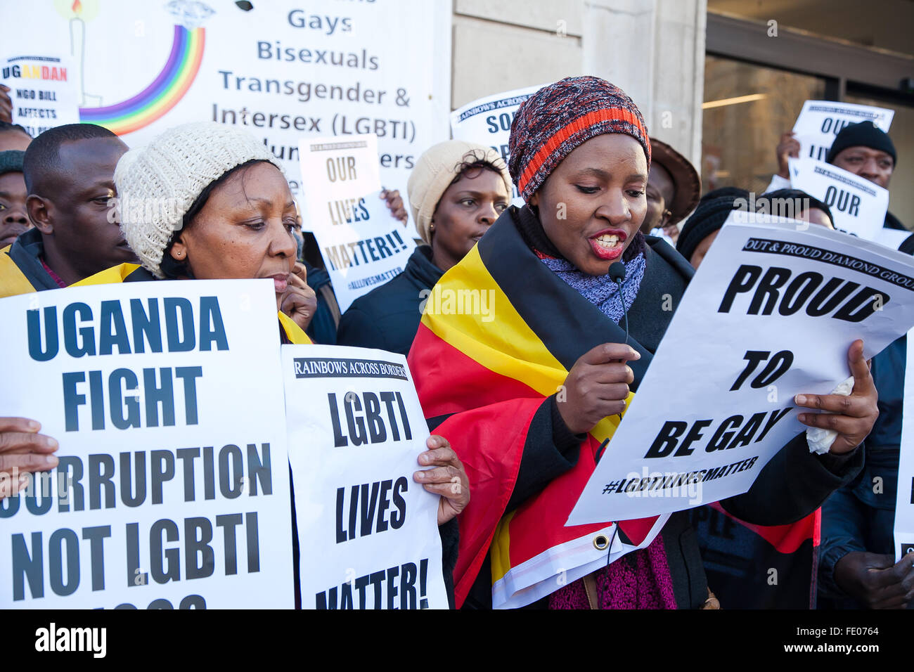 Protesters outside Uganda High Commission in London urging the President of Uganda not to sign the anti-LGBT NGO Bill 2015. Stock Photo