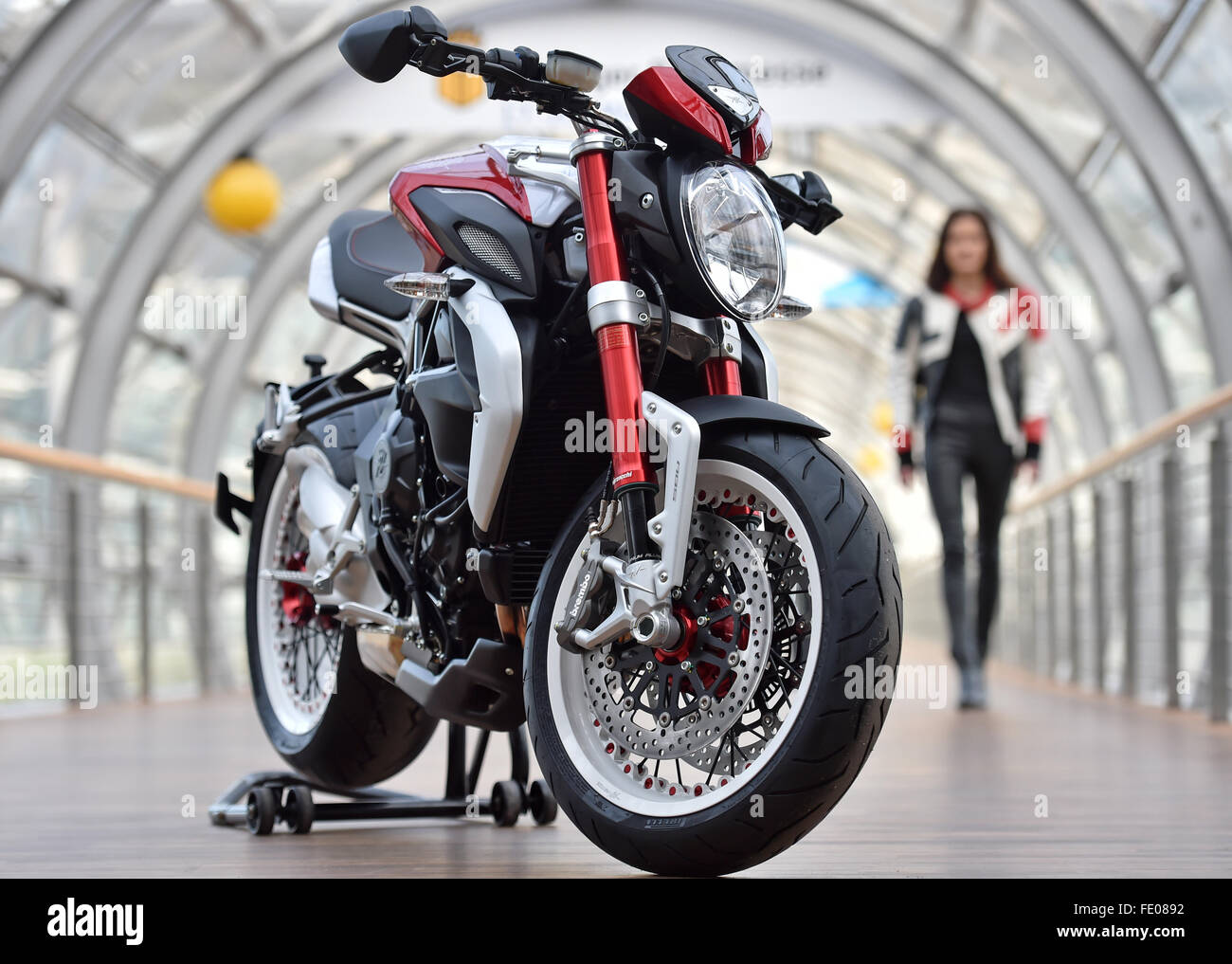 Leipzig, Germany. 3rd Feb, 2016. A Dragster RR made by Italian firm MV Agusta pictured at the preview for the Motorradmesse motorcylce trade fair in in Leipzig, Germany, 3 February 2016. From Friday (05.02.2016), 300 exhibitors will present their latest products at the show. Photo: Hendrik Schmidt/ZB/dpa/Alamy Live News Stock Photo
