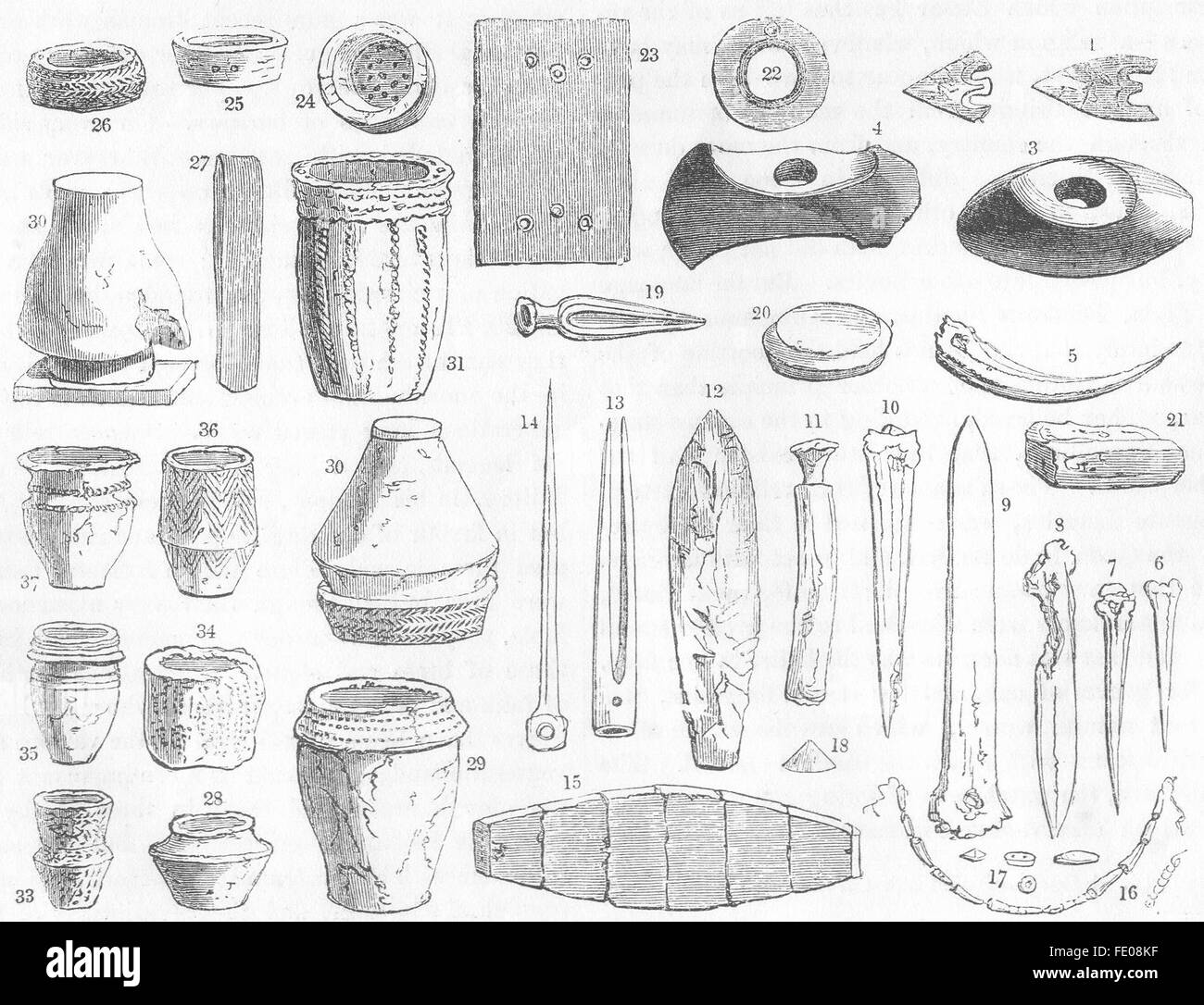 CEMETARIES: Contents of British Barrows, antique print 1845 Stock Photo