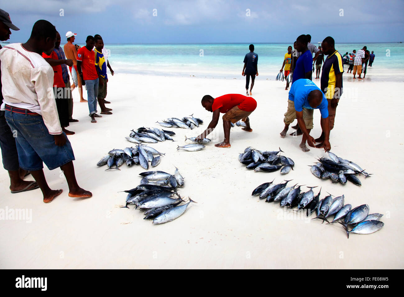 Traditional fish market on the beach in Nungwi. Zanzibar Stock Photo