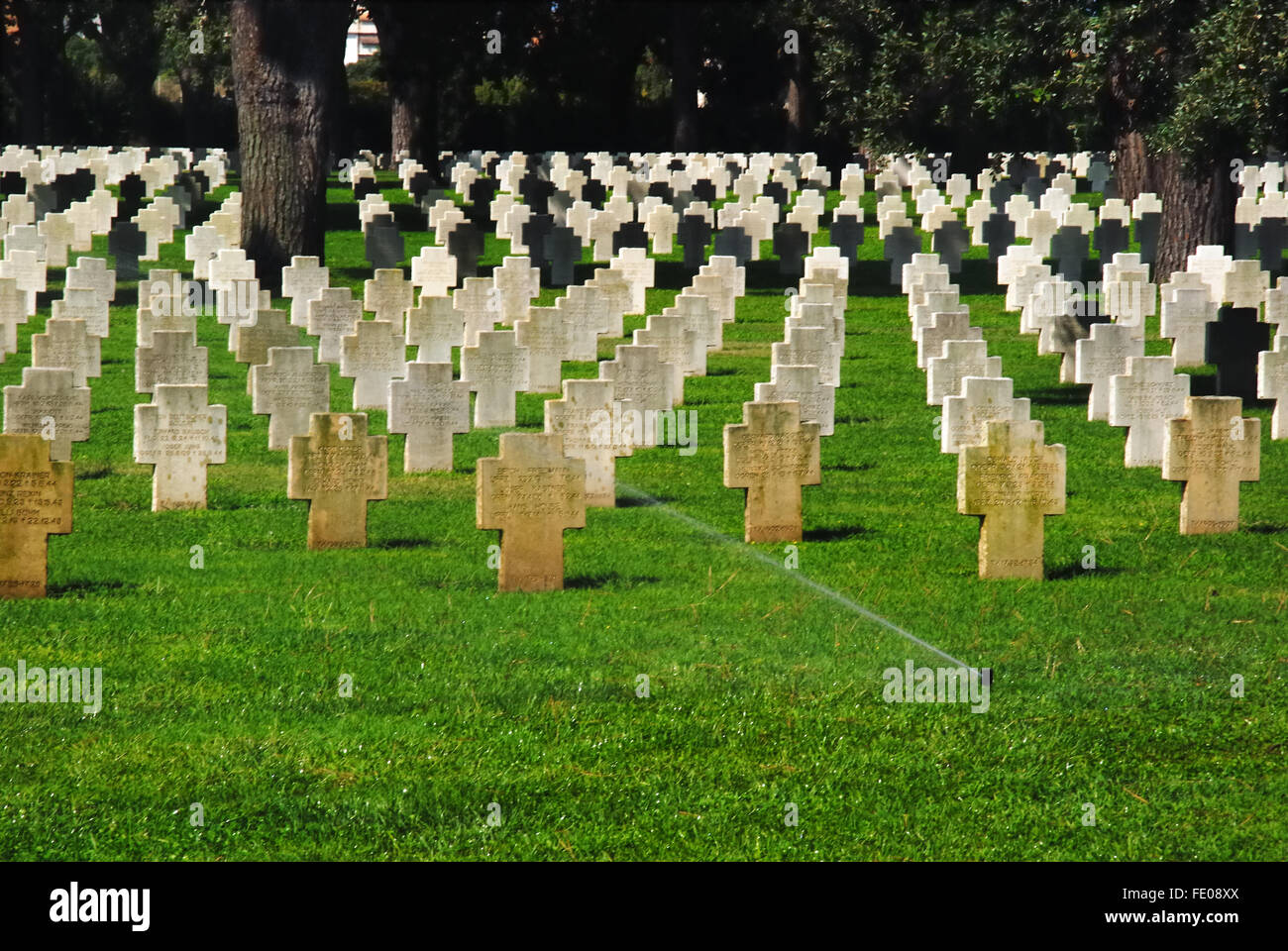 Pomezia German War Cemetery. The 27420 soldiers of  Wehrmacht who fell in the battle around Anzio, Nettuno and Rome during World War II are buried there. Stock Photo