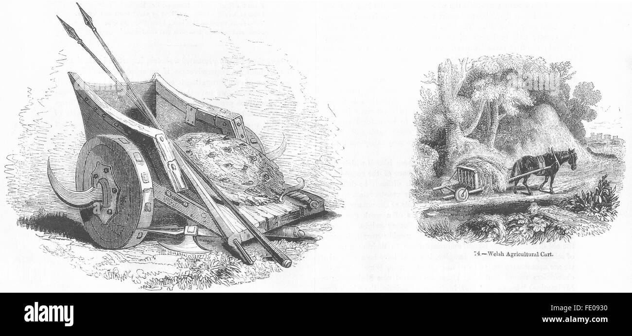 BRITISH WAR CHARIOT: Shield, spear; & Welsh farm cart, antique print 1845 Stock Photo