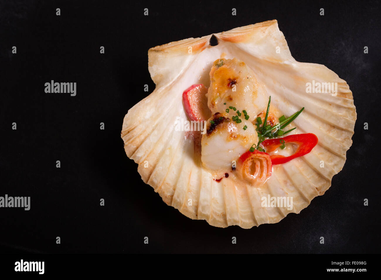 Luxury Scallop served on Scallop Shell decorated with red hot chilli slice and creamy sauce on black Background platter Stock Photo