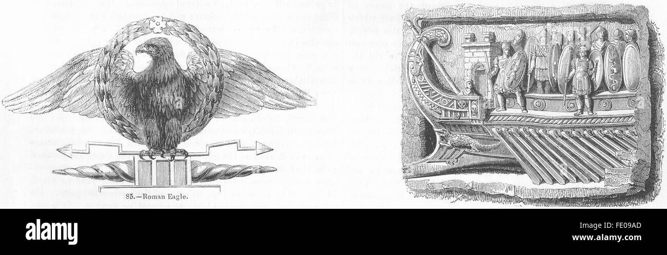 BIRDS: Roman Eagle; Prow of Galley, antique print 1845 Stock Photo