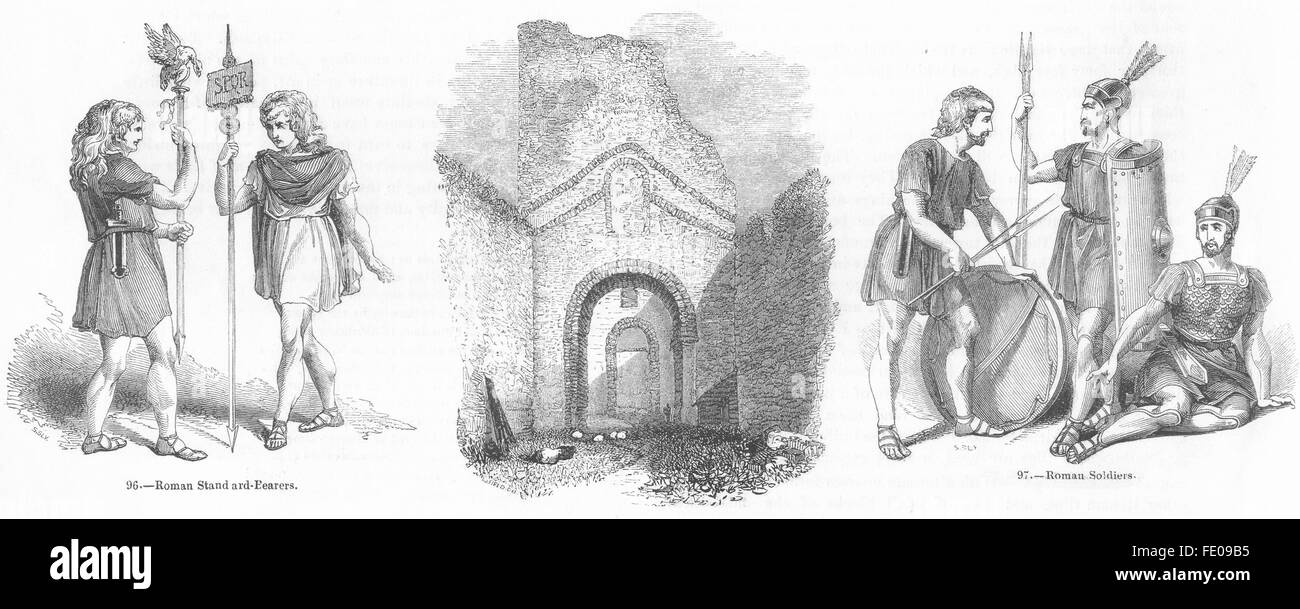 DOVER CASTLE: Roman standard bearers, Church, troops, antique print 1845 Stock Photo