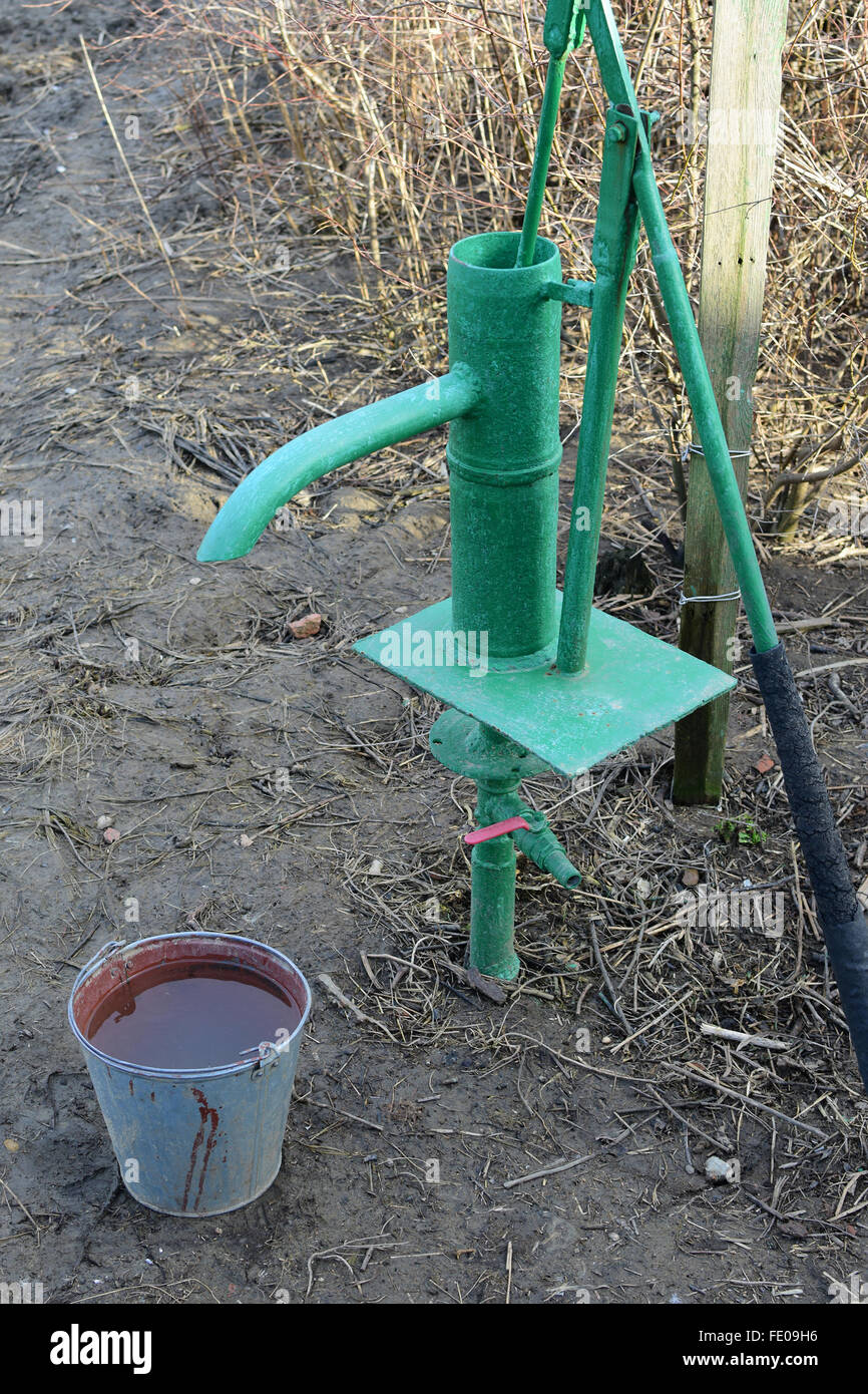 Hand pump leading to an artesian well. Pumping water for watering the