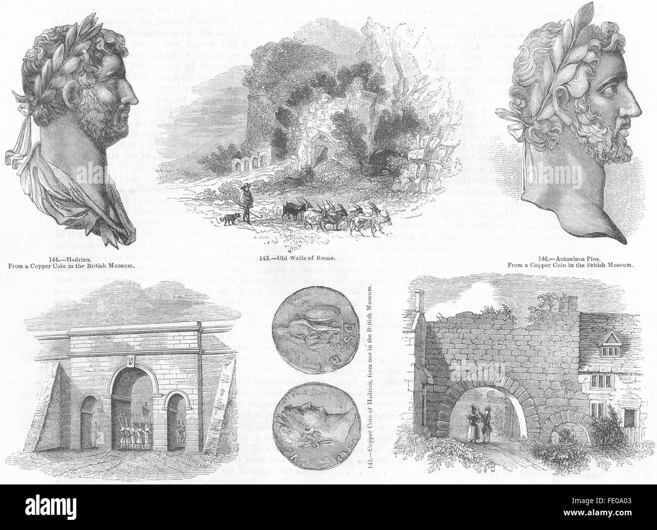 LINCOLN: Newport gate; Hadrian; Rome; Antoninus Pius, antique print 1845 Stock Photo