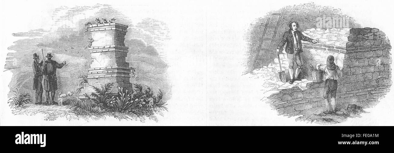 ROMAN WALLS: Verulam, St Alban's; Minories, London, antique print 1845 Stock Photo
