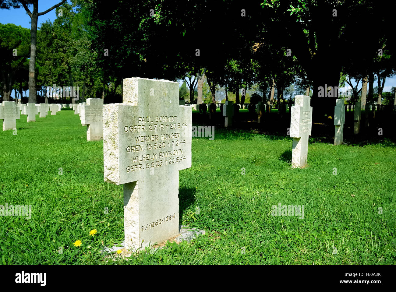 Pomezia German War Cemetery. The 27420 soldiers of  Wehrmacht who fell in the battle around Anzio, Nettuno and Rome during World War II are buried there. Stock Photo