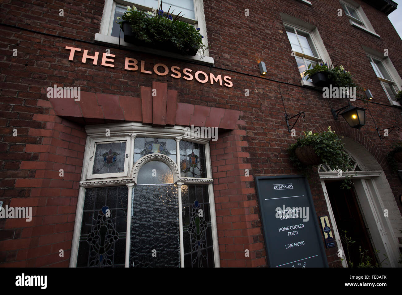 The Blossoms pub in Stockport which the band Blossoms, take their name. The guitar pop band have come fourth on the BBC Sound of 2016 list, which highlights the hottest new acts for the new year. The five members, who were all born in the same Stockport hospital, formed in 2013 and have honed their sound by rehearsing in their bassist's granddad's scaffolding yard take their name from a local pub. Stock Photo