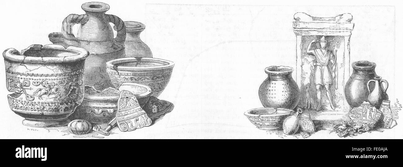 LOMBARD ST: Urn, vase, key, bead, pottery, found 1785, antique print 1845 Stock Photo