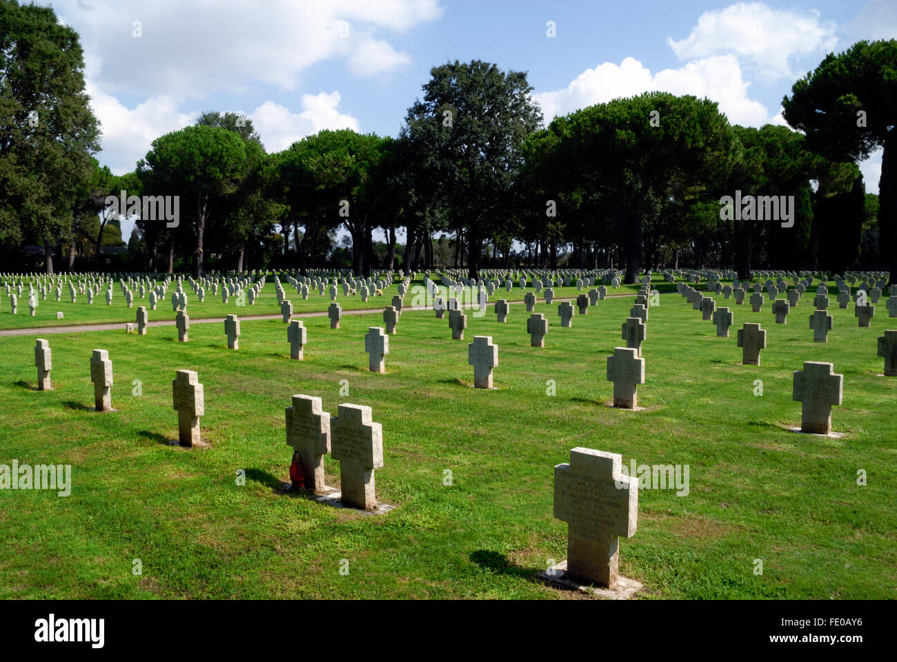 Pomezia German War Cemetery. The 27420 soldiers of  Wehrmacht who fell in the battle around Anzio, Nettuno and Rome during World War II are buried there. Stock Photo